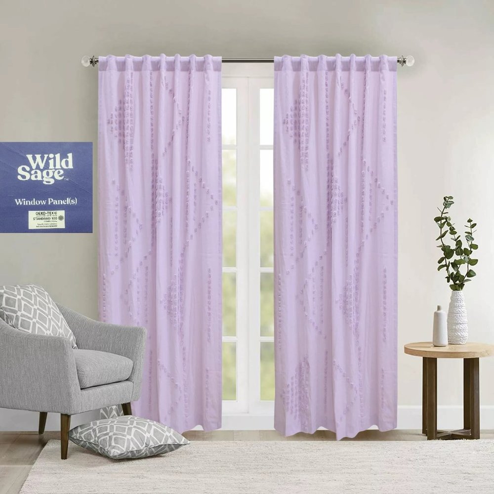2 New IRIS LAVENDER Wild Sage Tufted Triangle 108x50" Rod Pocket Window Curtains